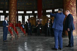 China's President Xi Jinping (2nd R) and US President Donald Trump (R) visit the Temple of Heaven on May 14, 2026 in Beijing